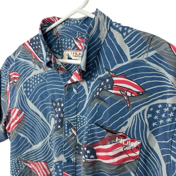 HUK Fishing Shirt Button Down USA Patriotic Sport Fish Mens Sz L Blue Red White - Picture 3 of 8
